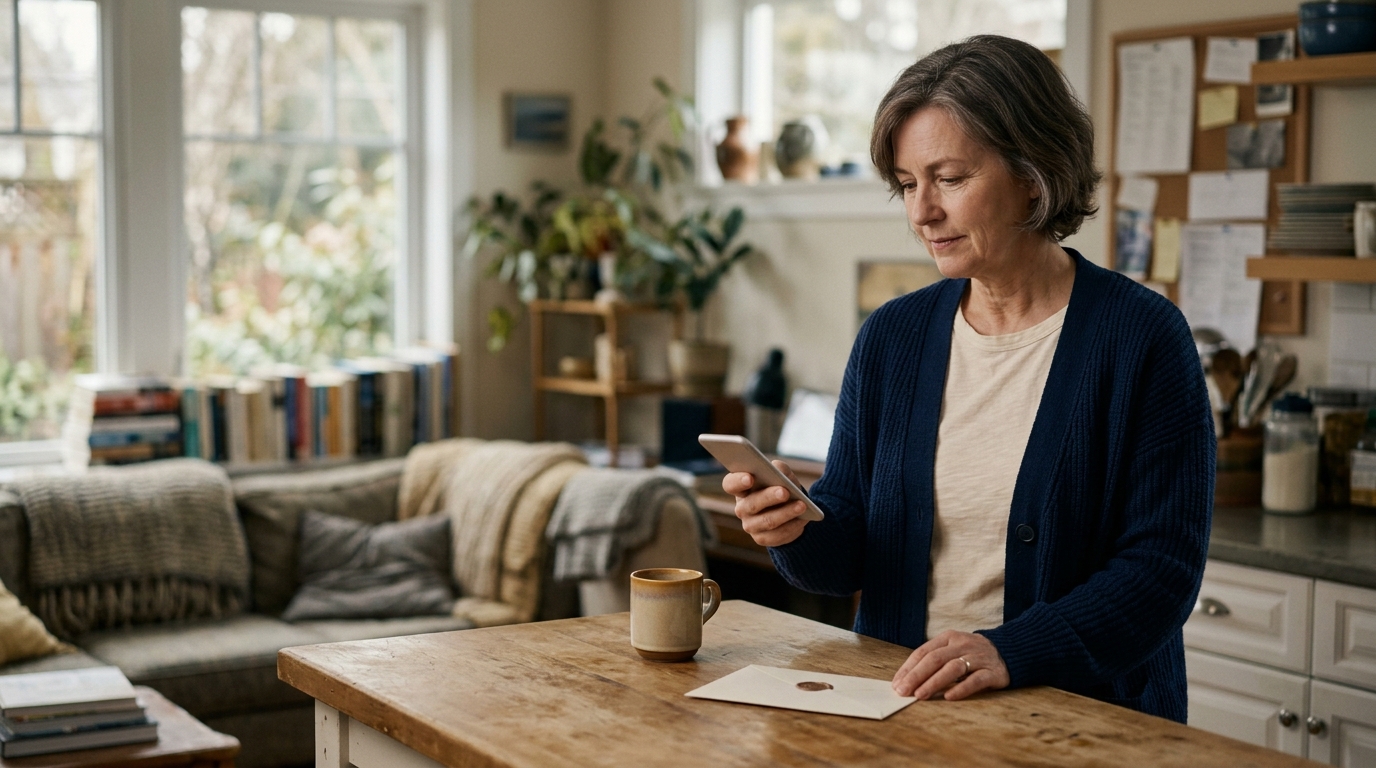 An Ontario homeowner at a kitchen table looking at a laptop in the morning